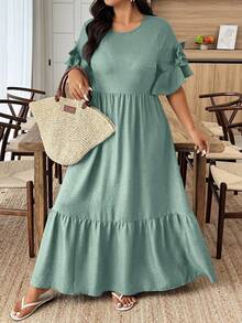 EMERY ROSE Plus Size Women's Solid Color Round Neck Ruffle Hem Bow Decor Short Sleeve Elegant Dress - Mint Green - View 5