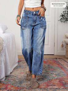 EMERY ROSE Women's Casual Daily Washed Baggy Jeans With Pockets, Loose Fit - Blue - View 4