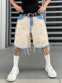 PAVTROS Manfinity Streetrush Men's Contrast Color Fringe Casual Denim Shorts - Khaki - View 3