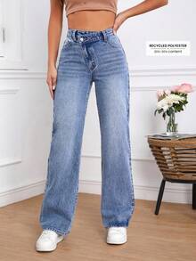 EMERY ROSE Plus Size Women Pocketed Button Casual Versatile Commute Denim Jeans Wide Leg Jeans Loose Jeans Baggy Jeans Women Jeans - Blue - View 5