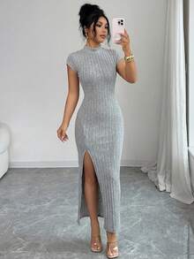 Selianne 女款立領短袖羅紋收腰開衩優雅休閒通勤長洋裝 - 灰色 - 查看 6