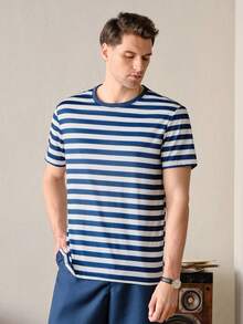 VeloEdit Navy Blue Color Men's Striped Print Round Neck Short Sleeve Casual T-Shirt Old Money, With Contrast Binding, Partywear & Boyfriend Summer - Navy Blue - View 1