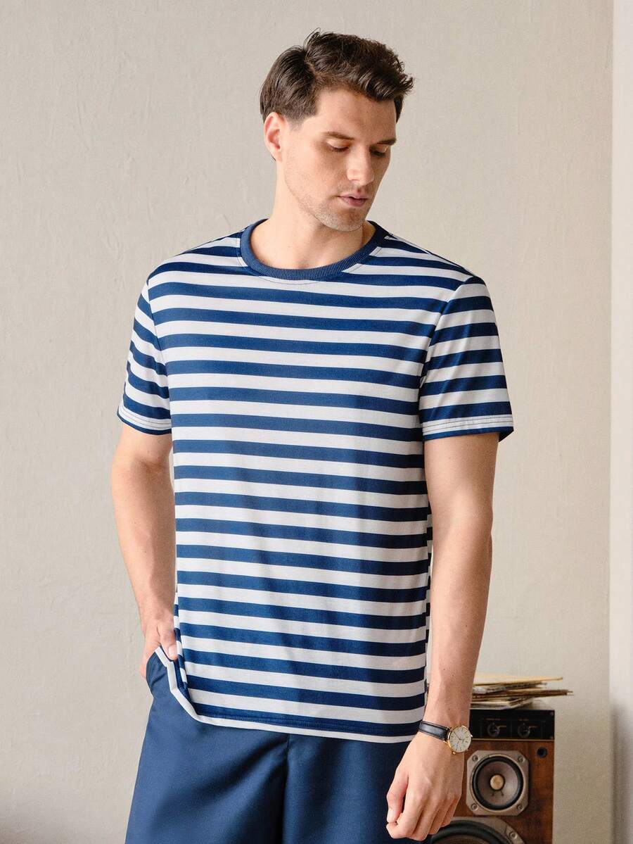 VeloEdit Navy Blue Color Men's Striped Print Round Neck Short Sleeve Casual T-Shirt Old Money, With Contrast Binding, Partywear & Boyfriend Summer - Navy Blue - View 1