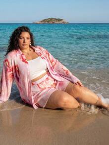 SHEIN CURVE+ Casual Plus Size Collared Wrist-Length Sleeve Tie Dye Blouse And Short Set For Summer Vacation Beachwear - Multicolor - View 6