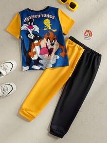 LOONEY TUNES X SHEIN Bộ 2 món đồ thể thao thường ngày cho bé trai, áo thun cổ tròn tay ngắn và quần dài, thiết kế phối hợp thoải mái. - Nhiều màu - Xem 2