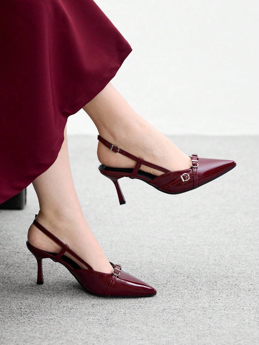 CUCCOO BIZCHIC 女士性感尖头高跟鞋,酒红色,适合派对、宴会、通勤、办公室穿着 - 酒紅色 - 查看 1