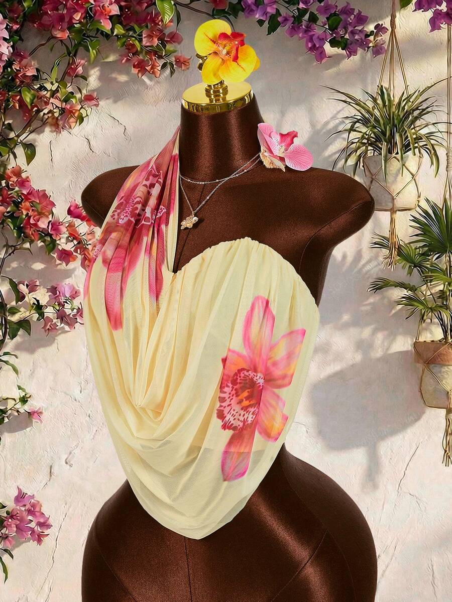 Amplova 女款掛脖粉色花卉裝飾上衣,夏季波希米亞風海灘度假,Y2K休閒優雅派對婚禮生日上衣 - 黃色 - 查看 1