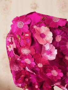 Amorya 女款優雅洋紅色夏季花卉刺繡短袖中長洋裝，高端A字版型奢華晚禮服，適合婚禮與婚禮賓客禮物 - 玫紅色 - 查看 9