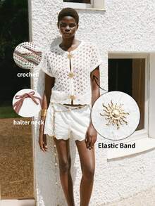 MAIJA 波西米亚风镂空针织金色向日葵扣短袖露脐上衣 - 白色 - 查看 2