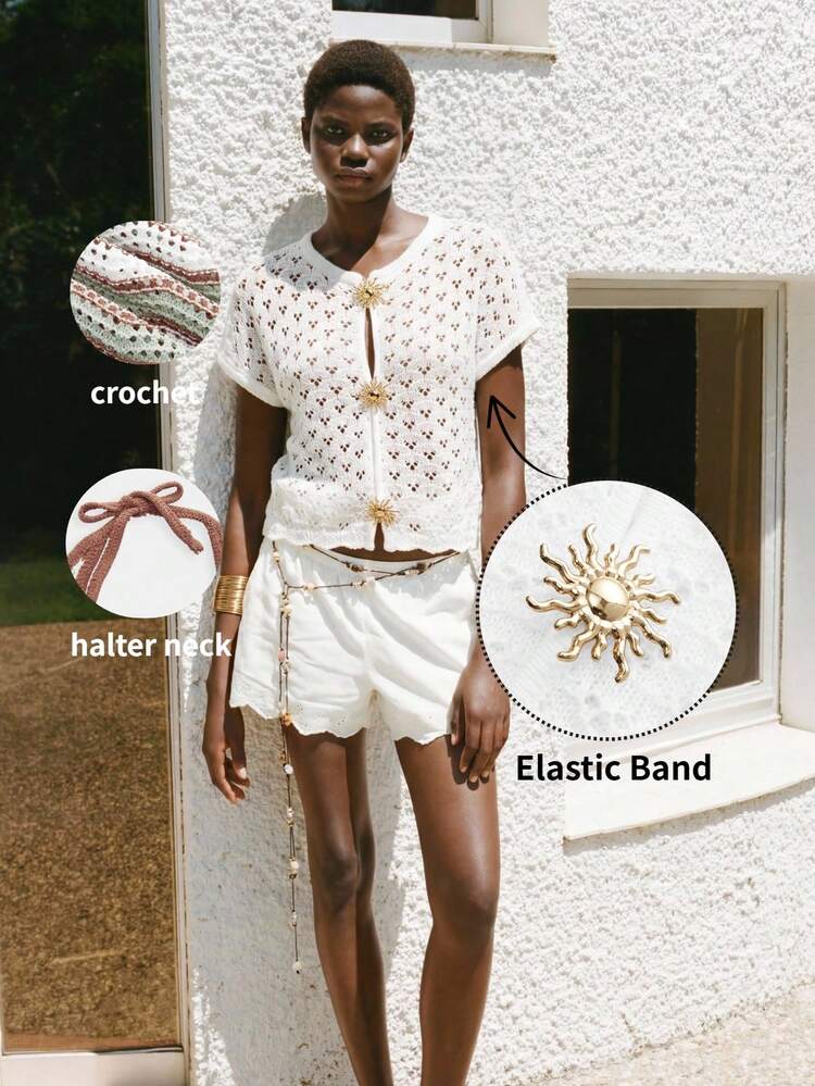 SHEIN Maija MAIJA Boho Open Knit Gold Sunflower Clasp Short Sleeve Crop Top