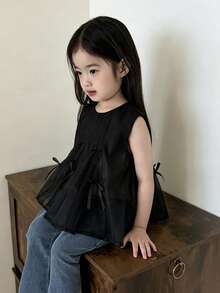 DAZY Blusa sin mangas con cuello redondo y decoración de lazo para niñas pequeñas, estilo coreano fresco de verano para niños pequeños - Negro - Ver 3