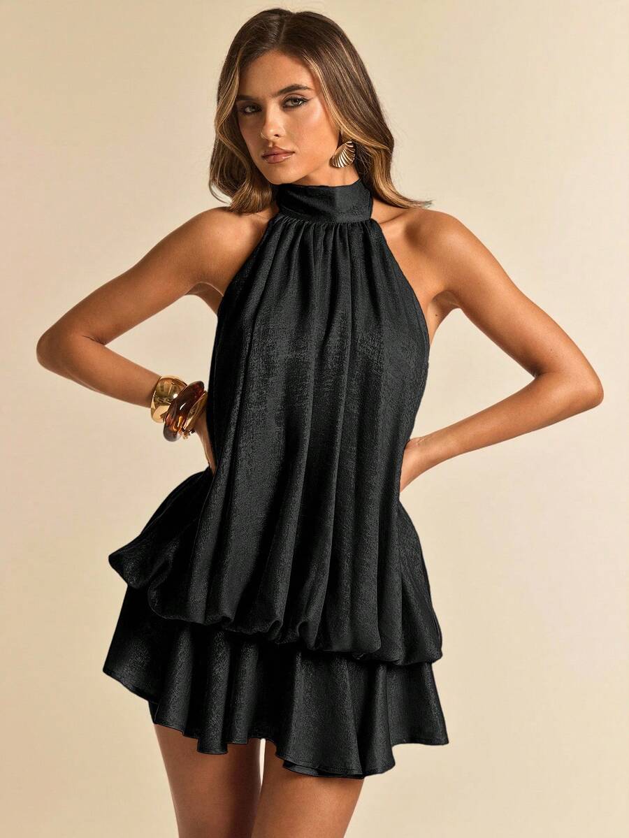 SHEIN BAE 金色紋理露背優雅黑色夏季迷你洋裝,適合夜店、早午餐、婚禮賓客、海灘的女性派對夜夏日洋裝 - 黑色 - 查看 1