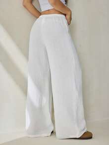 SHEIN PETITE Quần ống đứng cạp siêu thấp dành cho nữ, chất liệu cotton hữu cơ, kiểu dáng thường ngày, thích hợp cho mùa thu. - trắng - Xem 2