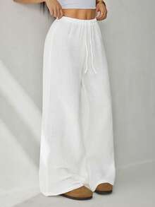 SHEIN PETITE Quần ống đứng cạp siêu thấp dành cho nữ, chất liệu cotton hữu cơ, kiểu dáng thường ngày, thích hợp cho mùa thu. - trắng - Xem 3