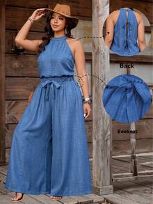 Nubod Plus Size Denim Effect Halter Top + Wide Leg Pants 2 Pieces Set - Blue - View 8