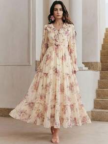 Anewsta New Arrival Spring/Summer Romantic Flowy Deep V-Neck Ruffle Hem Floral Print Maxi Dress For Women - Apricot - View 6