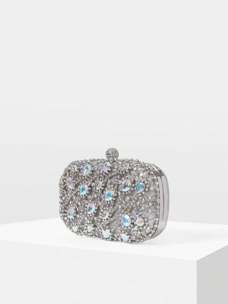 LADIES SILVER DINNER BAG, EXQUISITE SHINY RHINESTONE CLUTCH BAG, GLAMOROUS STYLE,  FOR LADIES, BRIDES, DATES, PROMS, FESTIVALS, PARTIES, WEDDINGS, DRESS MATCHING