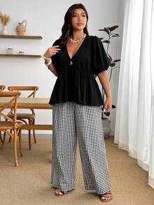 Enliva Plus Size Loose Fit V-Neck Puff Sleeve Cotton Top And Straight Leg Pants Two Pieces Set For Women, Summer Casual Wear, For Apple And Rounded Body Shape - Multicolor - View 4