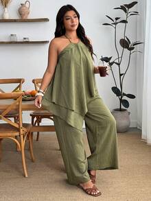 Enliva Conjunto informal de vacaciones estilo bohemio para mujer talla grande, conjunto de top halter con bajo asimétrico y pantalones, verde oliva para verano, para silueta de manzana y redondeada - Verde militar - Ver 7