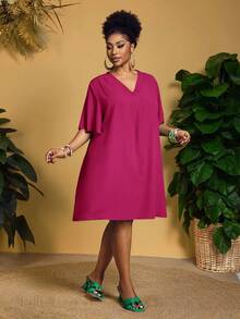Slaydiva Đầm nữ tay ngắn bằng chiffon, cổ chữ V, dáng rộng, tay bồng, kiểu dáng thanh lịch, thường ngày hoặc công sở, thích hợp cho lễ Phục sinh/miền Tây. - Màu Hồng Tươi - Xem 4
