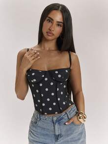 SHEIN BAE Áo hai dây nữ in chấm bi thoải mái, kiểu dáng dễ thương, phù hợp cho mọi mùa, áo khoác mùa hè, đi nghỉ mát, đi ăn trưa, lựa chọn thời trang thường ngày cho phái nữ. - Đen và trắng - Xem 5