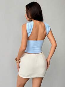 SHEIN PETITE Top corto de mujer elegante y sexy con cuello halter y espalda descubierta - Azul - Ver 2
