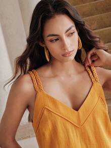 Anewsta Trang phục đi nghỉ hè mới dành cho nữ, kiểu dáng giản dị, thoải mái theo phong cách Pháp, áo tank top cổ chữ V móc len thủ công với dây đeo mảnh. - Màu vàng - Xem 2