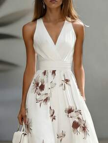 Balvessa AB Patchwork V-Neck Sleeveless Waist Cinched Elegant Midi Dress, Suitable For Work & Vacation - Multicolor - View 4