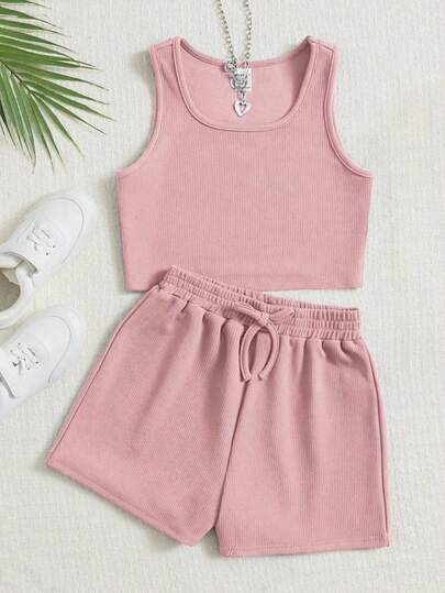 SHEIN Tween Girl  Summer Solid Tank Top & Drawstring Waist Shorts,Summer Clothes Holiday Outfits