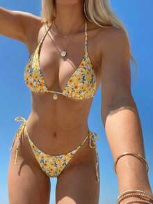 SHEIN Swim Mod 2pcs/Set Random Print Halter Sexy Elegant Vacation Bikini Set, Suitable For Beach, Pool, Party, Christmas, Summer - Multicolor - View 2