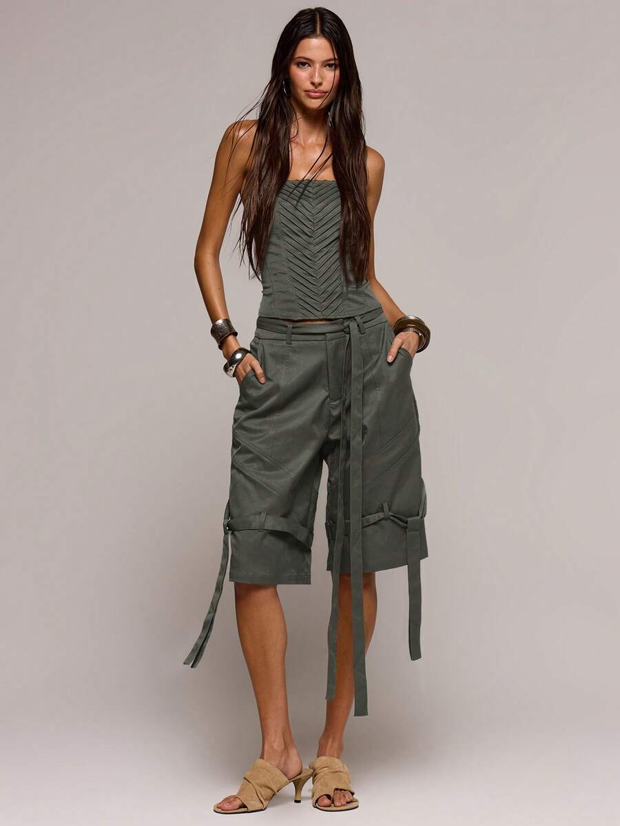 MUSERA Stitching Detail Wide Leg Cargo Jorts Spring Summer Sexy Date Night Club Festival Holiday Night Out Vacation Spring Soul Ties Pants - Dark Grey - View 1