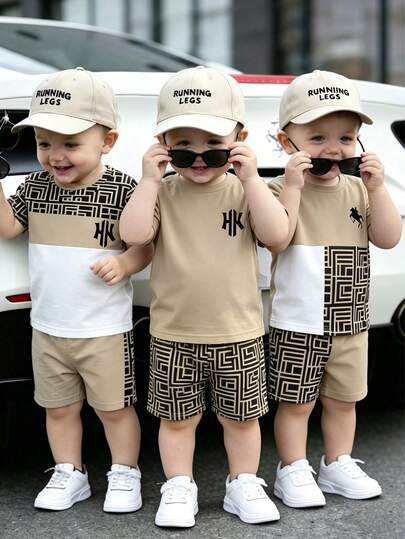 3件套幼儿男童休闲时尚简约字母印花格子拼接圆领短袖T恤套装，适合春夏季日常穿着，户外基础款百搭时尚，性价比高，夏季居家、户外、运动、上学穿着