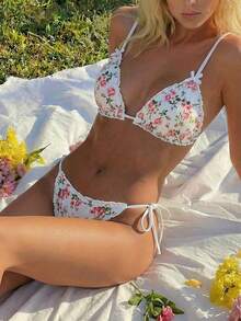 Swim Mod Cute Pink Rose Ditsy Floral Triangle Bikini Set - Adjustable Tie Shoulder Strap, Textured Swimwear, Beach Outfit For Young Women - Multicolor - View 3