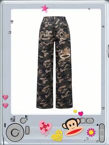 Paul Frank X ROMWE Spring Carnival Y2K Kpop Streetwear Monkey Embroidery Baggy Camo Loose Fit Super Low Waist Jeans - Army Green - View 2