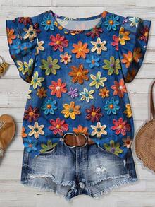 EMERY ROSE Plus Size Women Floral Print Round Neck Casual Versatile Daily Wear Shirt - Multicolor - View 1