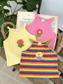SHEIN LMoss Kids 3pcs Baby Girl Knitted Solid Color 3D Floral & Striped Pullover Tops Set - Multicolor - View 3
