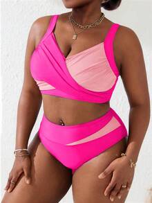 Slaydiva Plus Size Women 2pcs Pink Splice Ruched Tankini Swimwear Set, Summer Beach Holiday - Pink - View 5