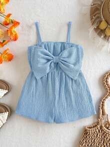 SHEIN Baby Girl Vacation Casual Textured Green Bow Strap Romper - Baby Blue - View 2