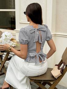 Serisse 女士格子短款花瓣袖系带露背衬衫 - 棕色 - 查看 1