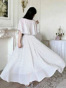 Modelyn 黑色波点印花长款连衣裙，时尚V领荷叶边肩部设计长裙，夏季收腰双层优雅长款连衣裙，适合夏季度假和日常穿着，白色波点雪纺连衣裙 - 彩色 - 查看 2