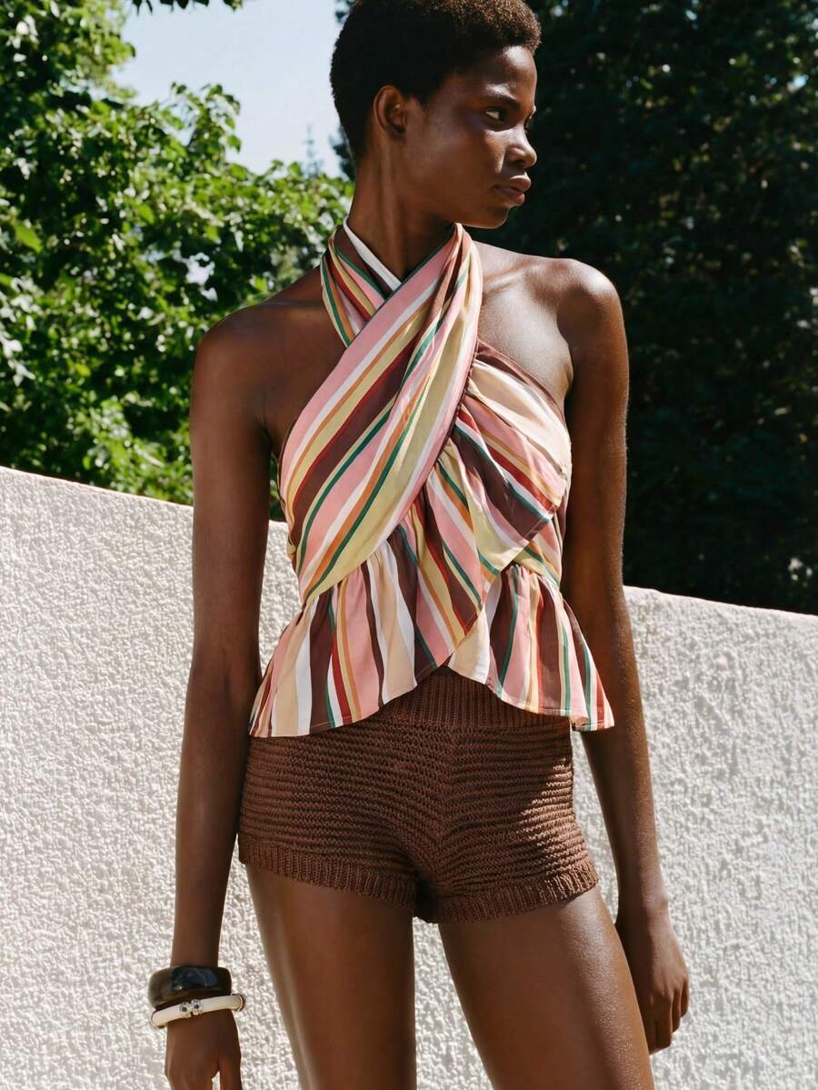 MAIJA Beach Striped Halter Crossover Ruffle Hem Crop Top - Multicolor - View 1