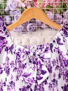 Sparklyn Girls' Allover Print Jumpsuit With Square Collar And Puff Sleeves, Summer Vacation Style - Purple - View 3