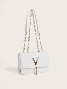 Enchnt 女士手提包、托特包、单肩包、V 型包、高端包、流苏包、适合度假、办公室女士和学生、黑色 - 白色 - 查看 5