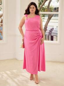 MOTF PREMIUM 大码女式粘胶亚麻混纺A字褶皱中长连衣裙，春夏款 - 玫紅色 - 查看 6