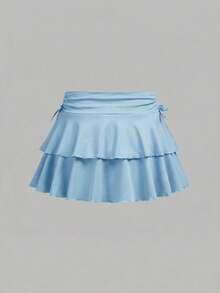 Girlism 两件套休闲褶皱腰A字裙和打底裤，青少年简约演唱会服装 - 淺藍色 - 查看 9