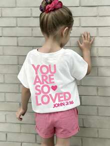 Tween Girl Cute Sweet Pink Letter Heart Print Round Neck Short Sleeve White T-Shirt, Tween Girl Casual Comfortable Soft Round Neck Short Sleeve T-Shirt, Suitable For Spring/Summer Daily, Home, Holiday, Festival, Spring Vibes, Summer Vibes, Spring & Summer For Outing, Easy Comfort, Casual Wear, Tween Girl Floral Graphic, New Style, Chill Chill, Spring Vibes Chill Summer Vacation - Multicolor - View 2