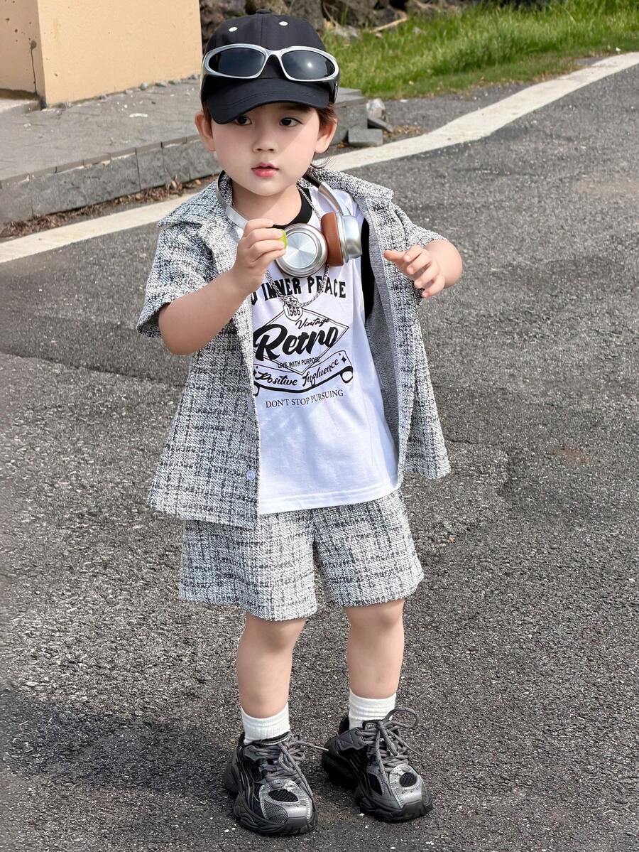 DAZY 男童纹理领短袖休闲衬衫套装 - 黑與白 - 查看 1