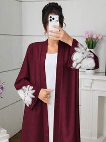 Al Najma Embroidered Beaded Long Sleeve Abaya For Women - Burgundy - View 3