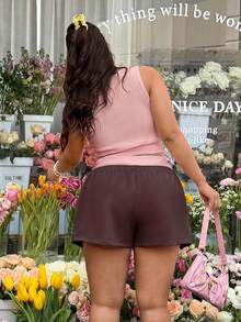 GalTyme Plus Size Women 2pcs Set Casual Sleeveless Top And Shorts - Brown - View 2