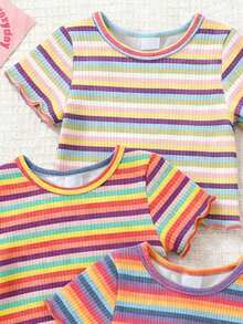 SHEIN Playful Pals 3pcs/Set Baby Girl Rainbow Striped Ruffle Hem T-Shirt,Cute Summer Tee For Pride Month,Burnt Orange Graduation Gift,6 Months-3 Years Old Daily Outfit - Black - View 3